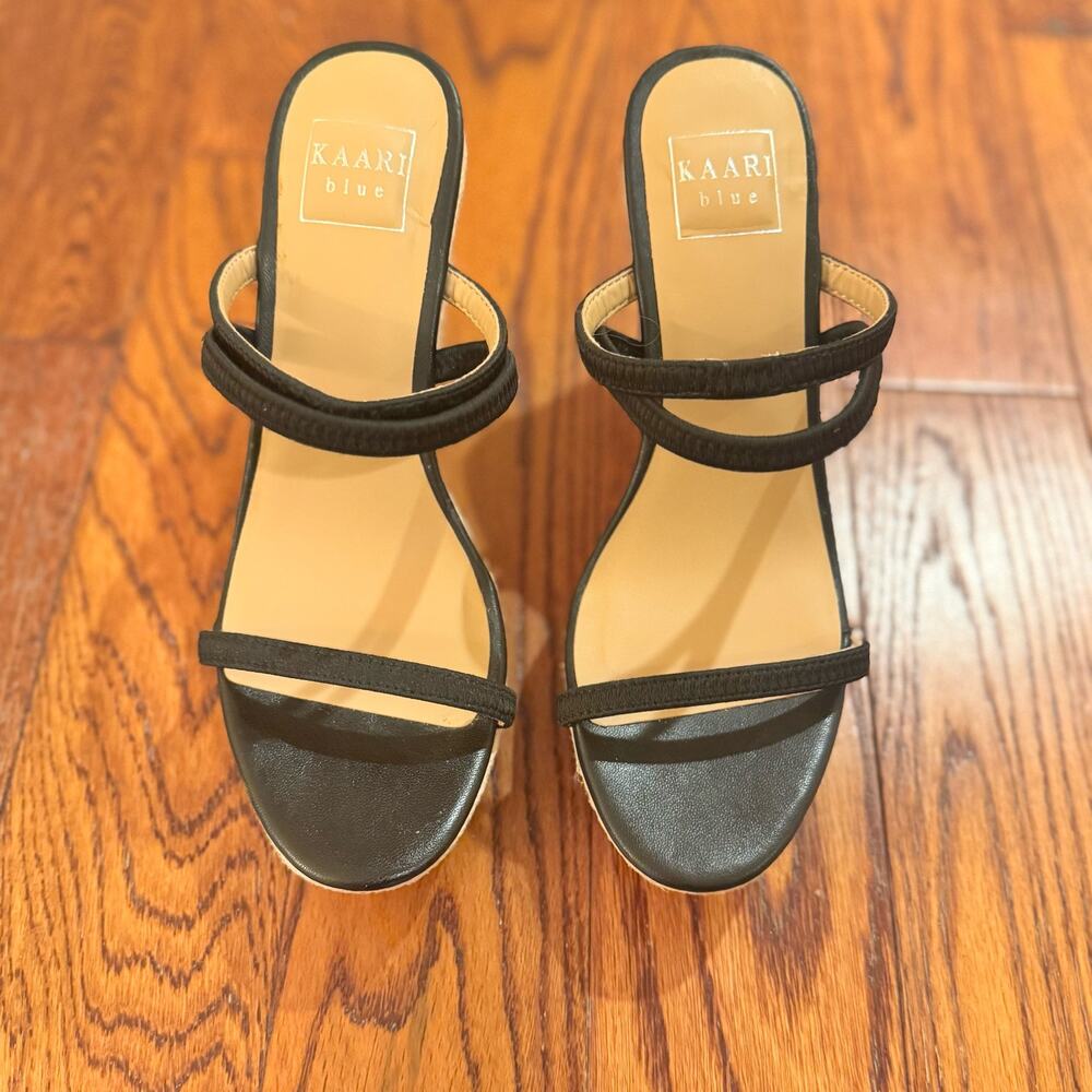 NEW Kaari Blue Meghan Womens 8 Shoe Wedge Woven Heel Sandal Black Strap Platform